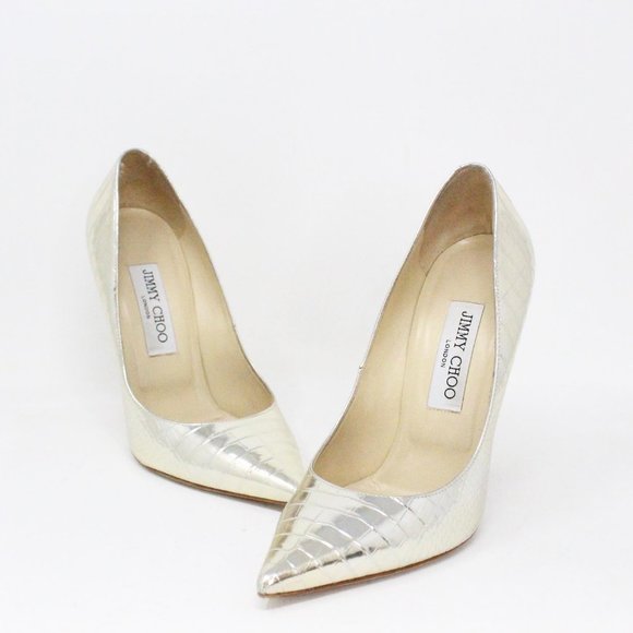 JIMMY CHOO #36152 Silver Croc Embossed Leather Pumps (US 7 EU 37)